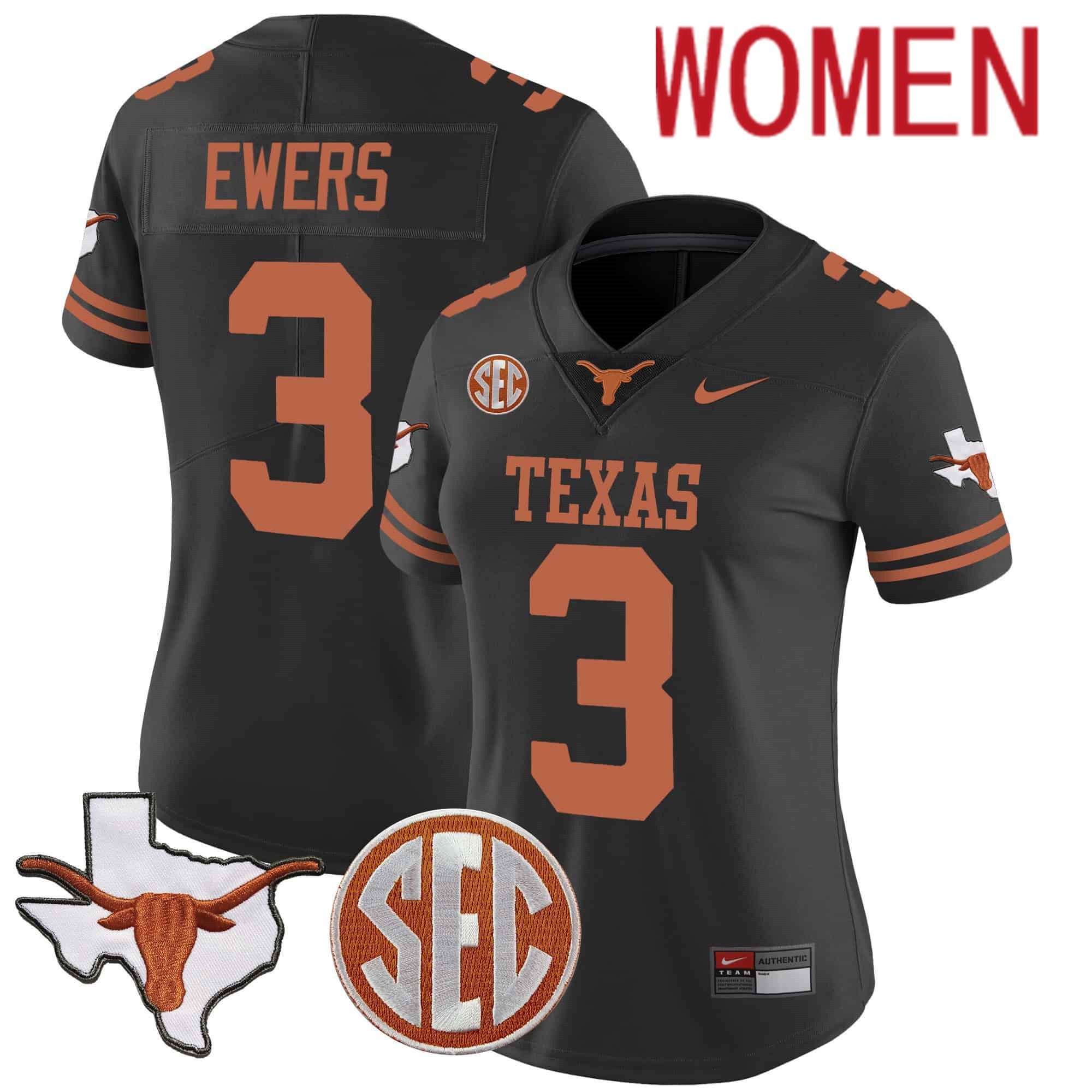 Women Texas Longhorns #3 Ewers Black 2024 Nike State Map & SEC Patch Vapor NCAA Jersey style 1->women nfl jersey->Women Jersey